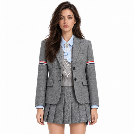 Thom Browne Women's Contrast Color Cardigan Suit with Skirt Set