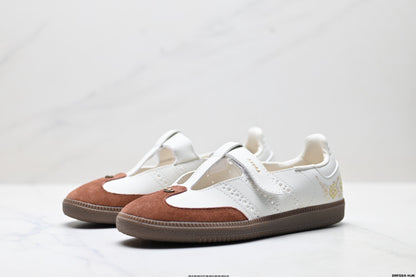 Adidas Samba Mary Jane Leather Sneakers – White Brown Retro Ballet Shoes