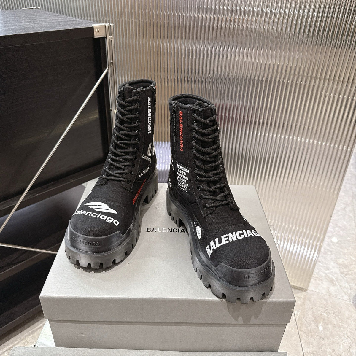 Balenciaga Logo-Print Canvas Combat Boots #01