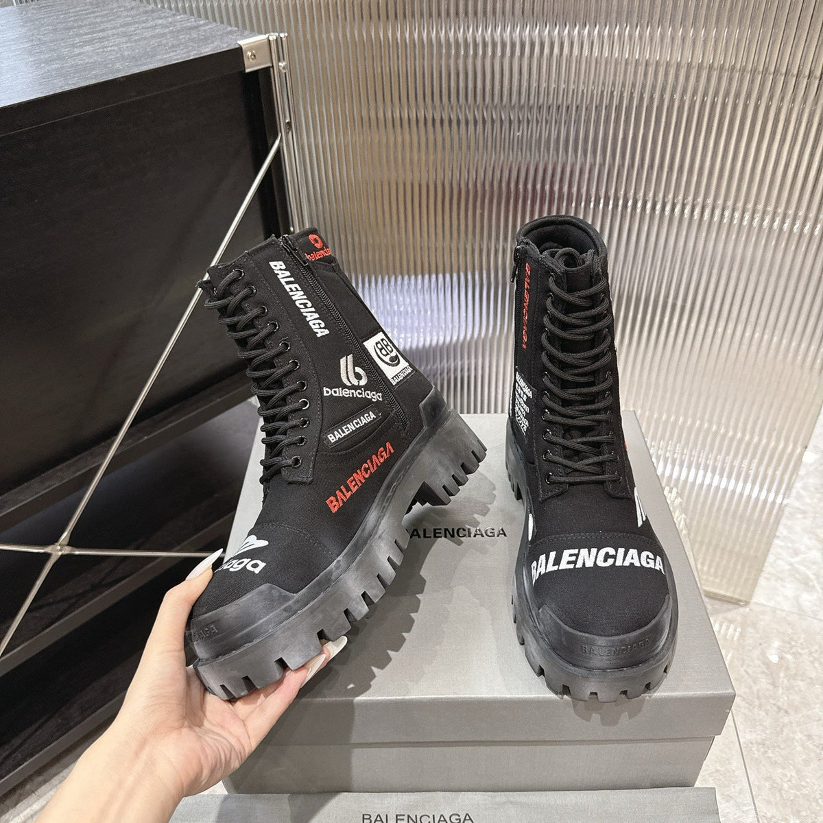 Balenciaga Logo-Print Canvas Combat Boots #01