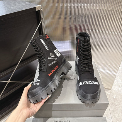 Balenciaga Logo-Print Canvas Combat Boots #01