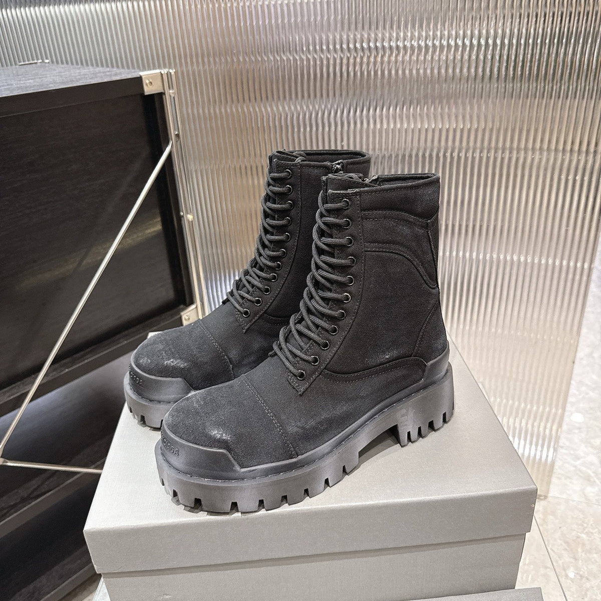 Balenciaga Logo-Print Canvas Combat Boots #01