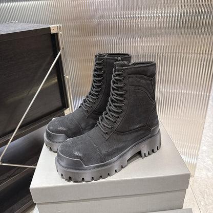 Balenciaga Logo-Print Canvas Combat Boots #01
