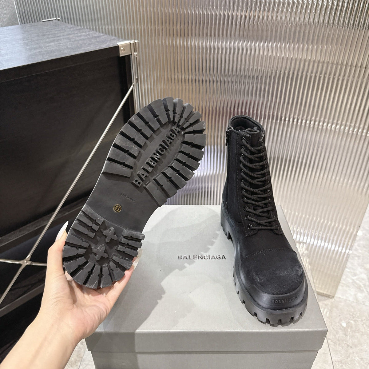 Balenciaga Logo-Print Canvas Combat Boots #01