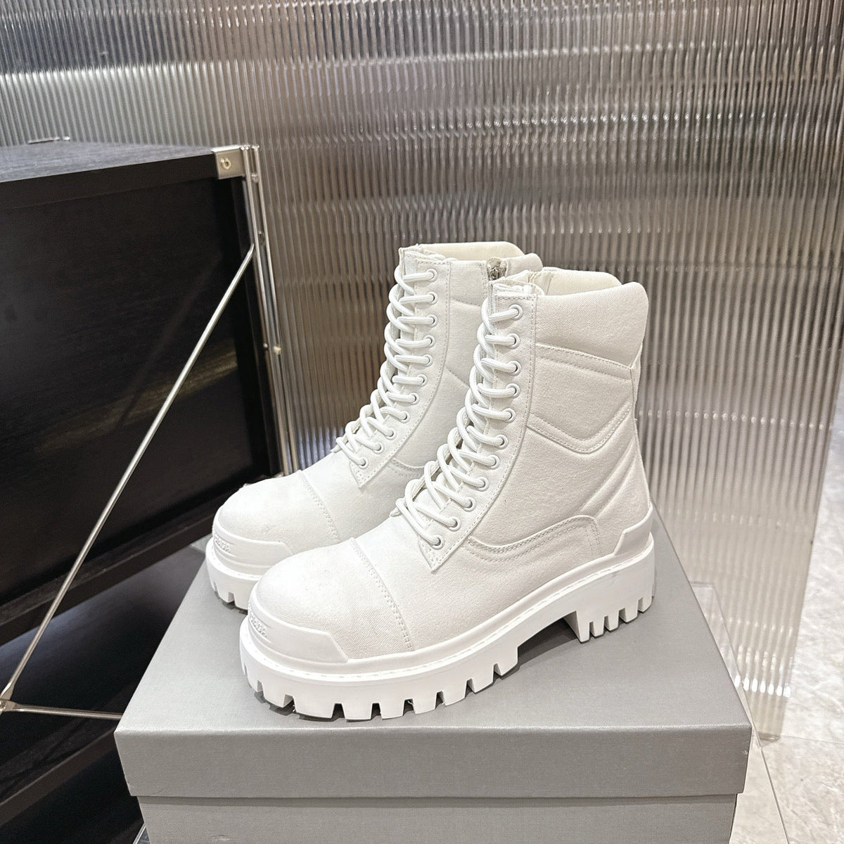 Balenciaga Logo-Print Canvas Combat Boots #01
