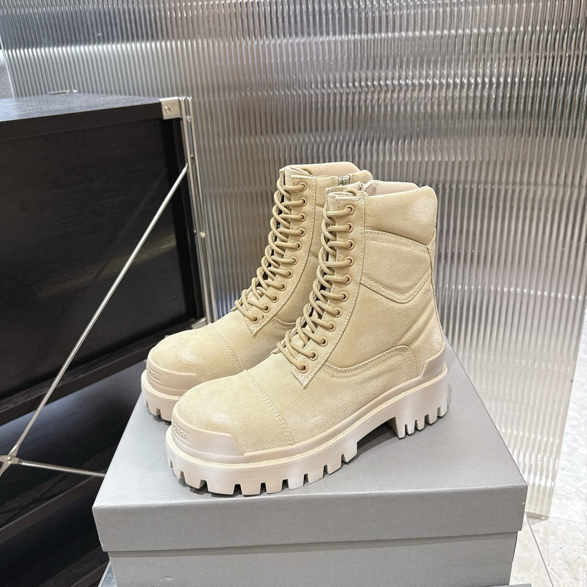 Balenciaga Logo-Print Canvas Combat Boots #01